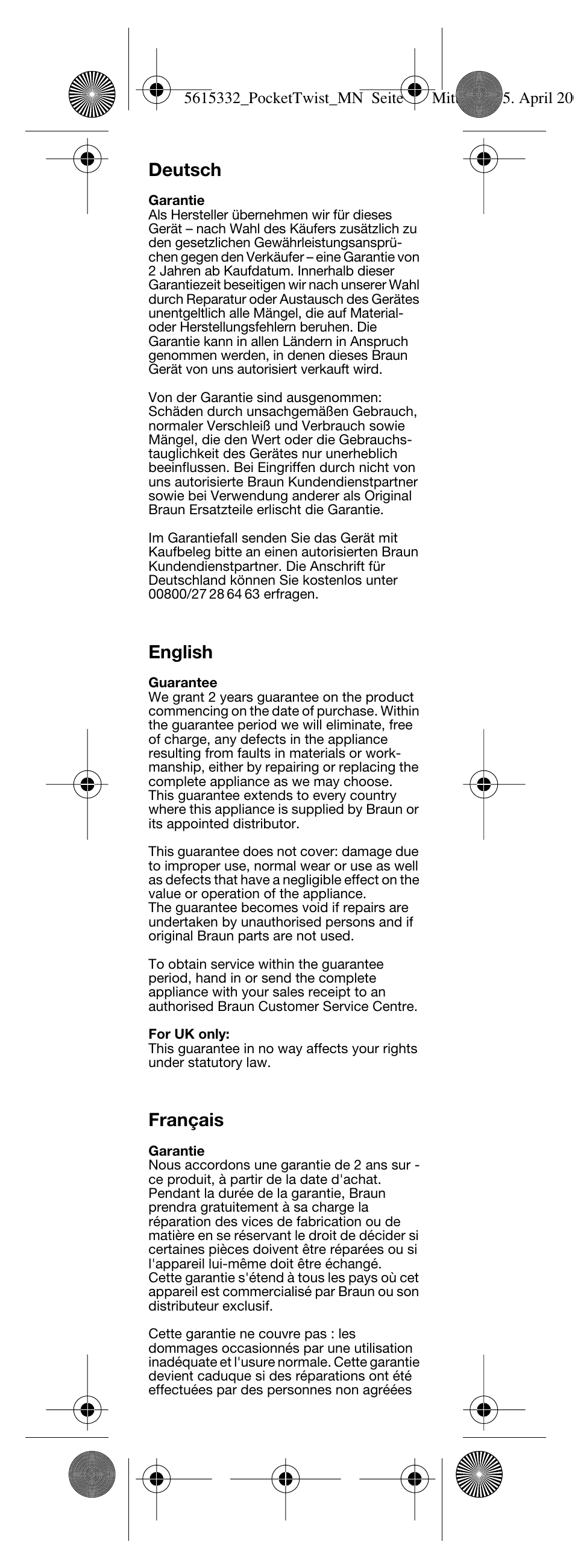 Deutsch, English, Français | Braun 375 Pocket Twist plus User Manual | Page 18 / 24