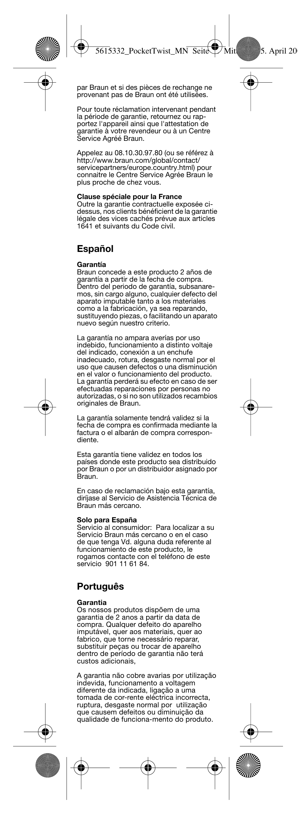 Español, Português | Braun 375 Pocket Twist plus User Manual | Page 19 / 24