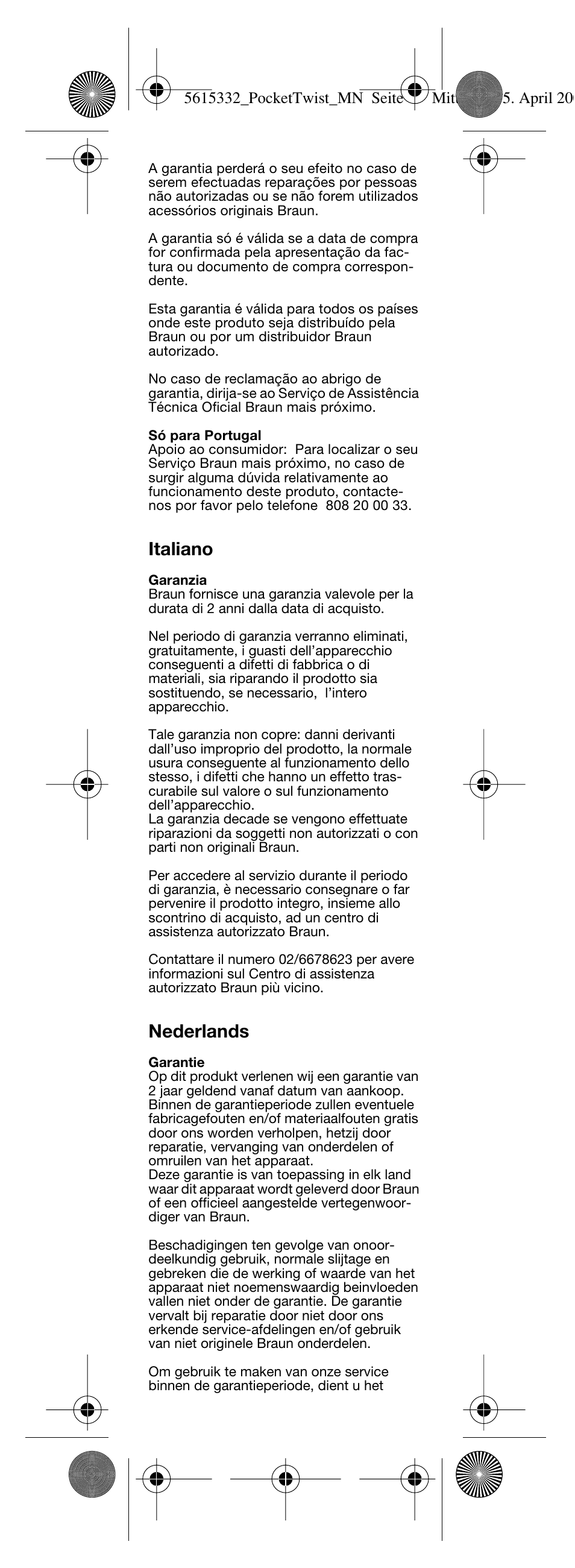 Italiano, Nederlands | Braun 375 Pocket Twist plus User Manual | Page 20 / 24