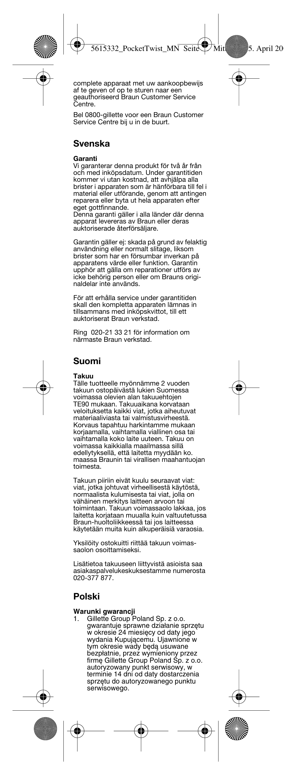 Svenska, Suomi, Polski | Braun 375 Pocket Twist plus User Manual | Page 21 / 24
