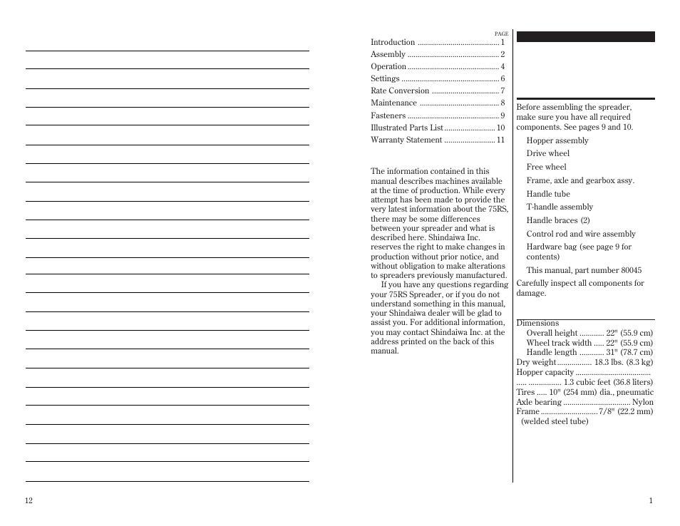 Contents introduction, Prior to assembly, 75rs specifications | Shindaiwa 80045 User Manual | Page 3 / 8