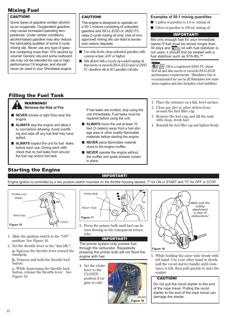 Starting the engine, Mixing fuel, Filling the fuel tank | Shindaiwa 81704 User Manual | Page 10 / 40