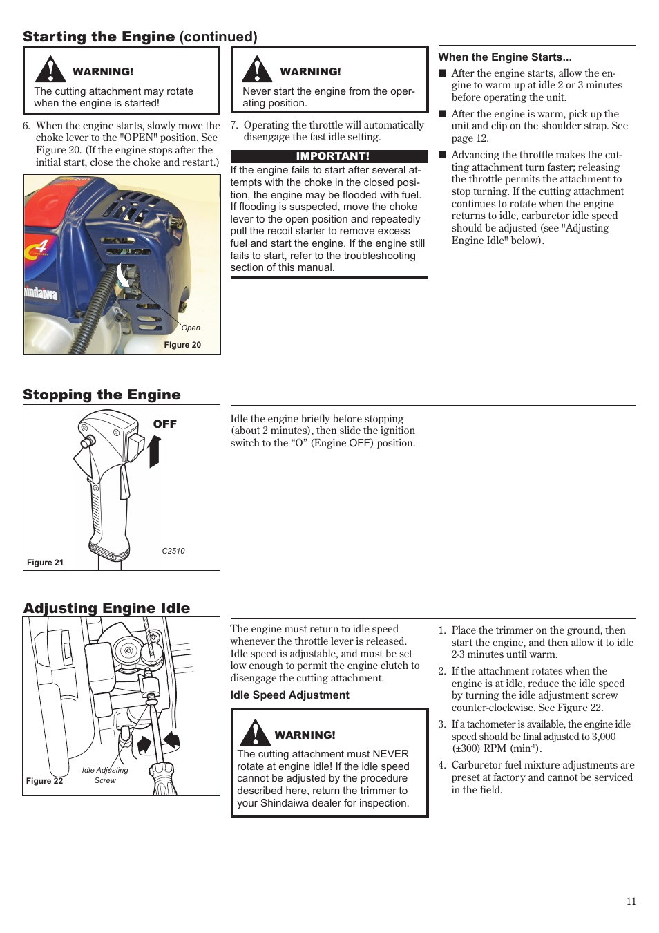 Starting the engine (continued), Stopping the engine adjusting engine idle | Shindaiwa 81704 User Manual | Page 11 / 40