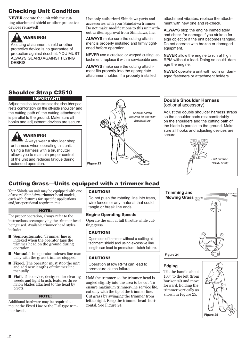 Cutting grass—units equipped with a trimmer head, Checking unit condition shoulder strap c2510 | Shindaiwa 81704 User Manual | Page 12 / 40