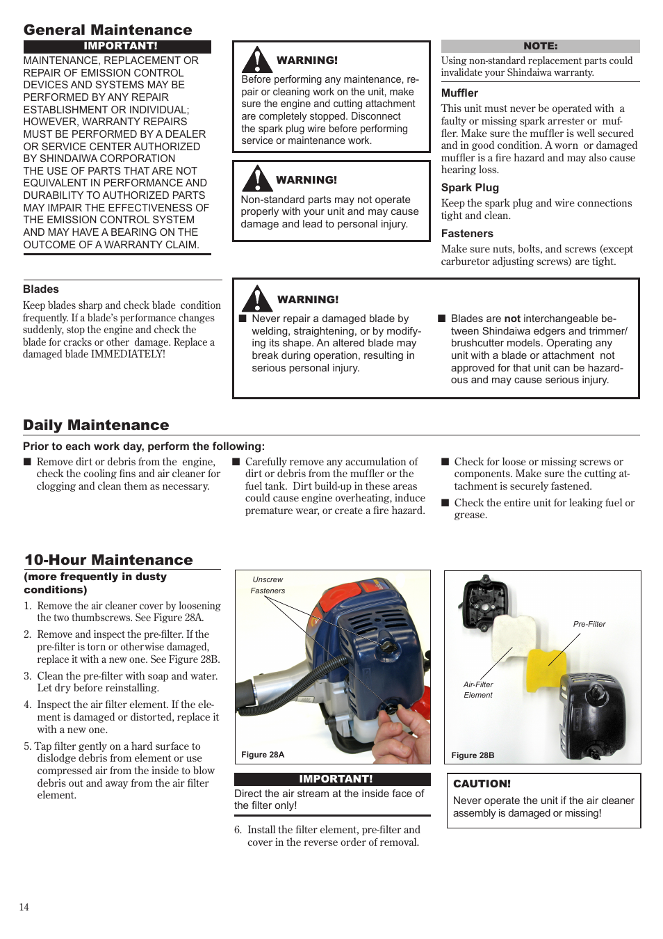 General maintenance, Daily maintenance, Hour maintenance | Shindaiwa 81704 User Manual | Page 14 / 40