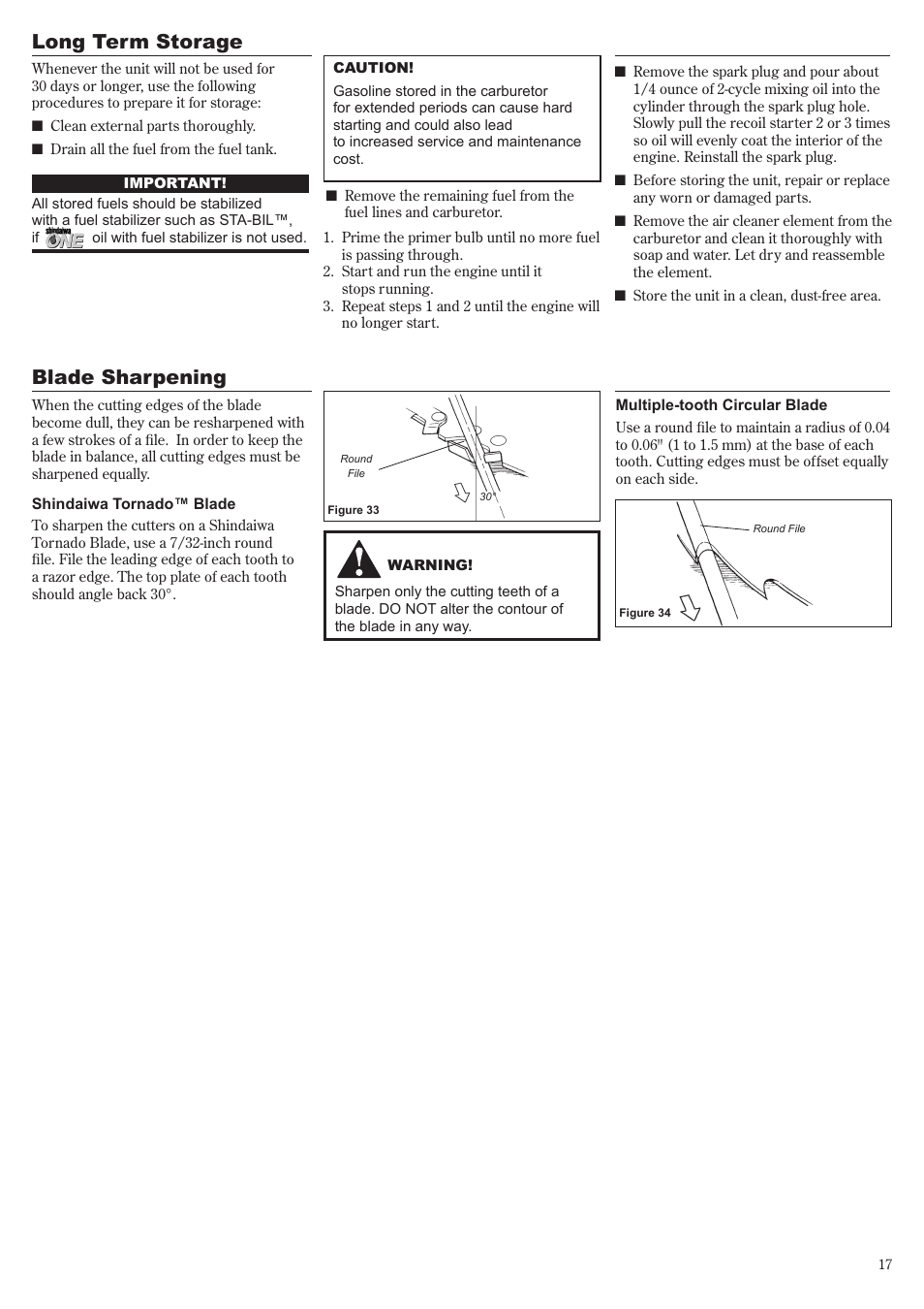 Long term storage, Blade sharpening | Shindaiwa 81704 User Manual | Page 17 / 40