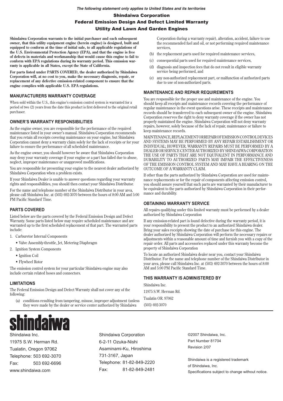 Shindaiwa 81704 User Manual | Page 20 / 40