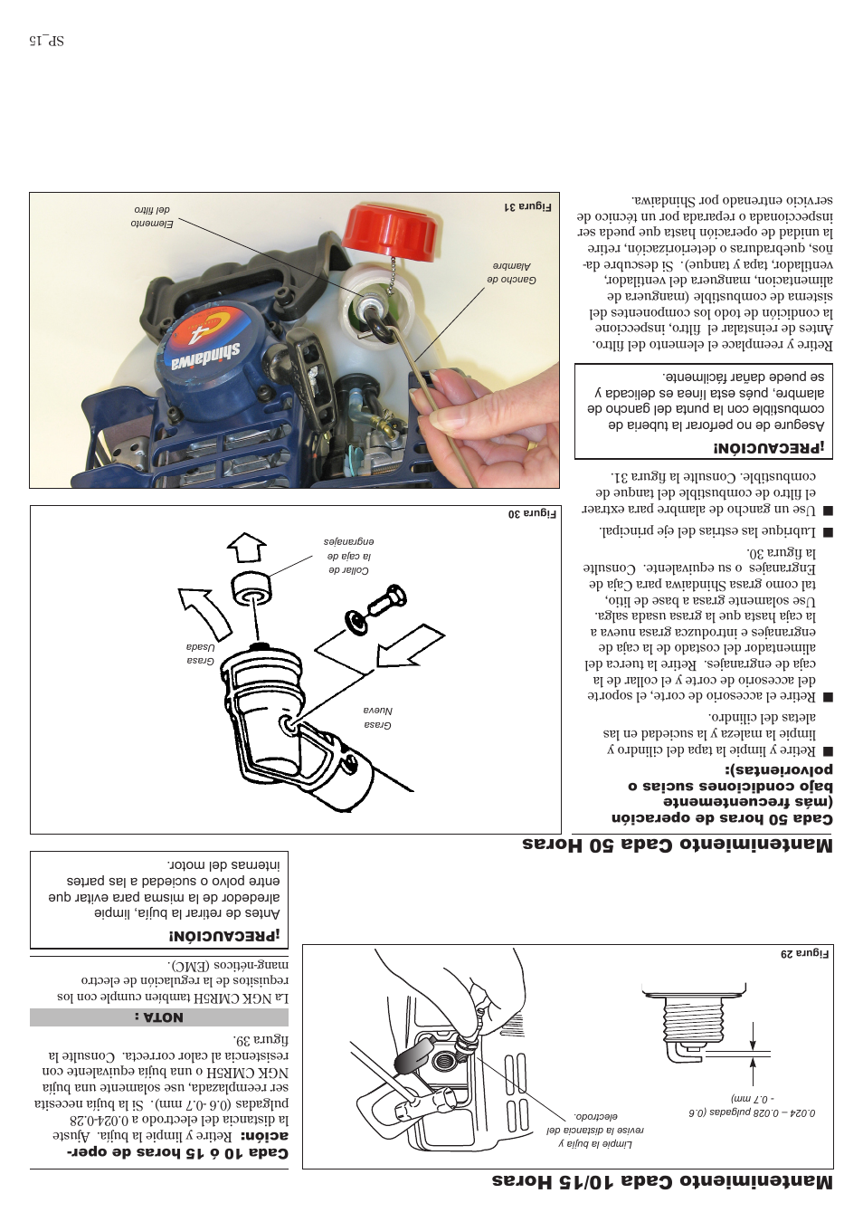 Mantenimiento cada 50 horas, Mantenimiento cada 10/15 horas | Shindaiwa 81704 User Manual | Page 26 / 40