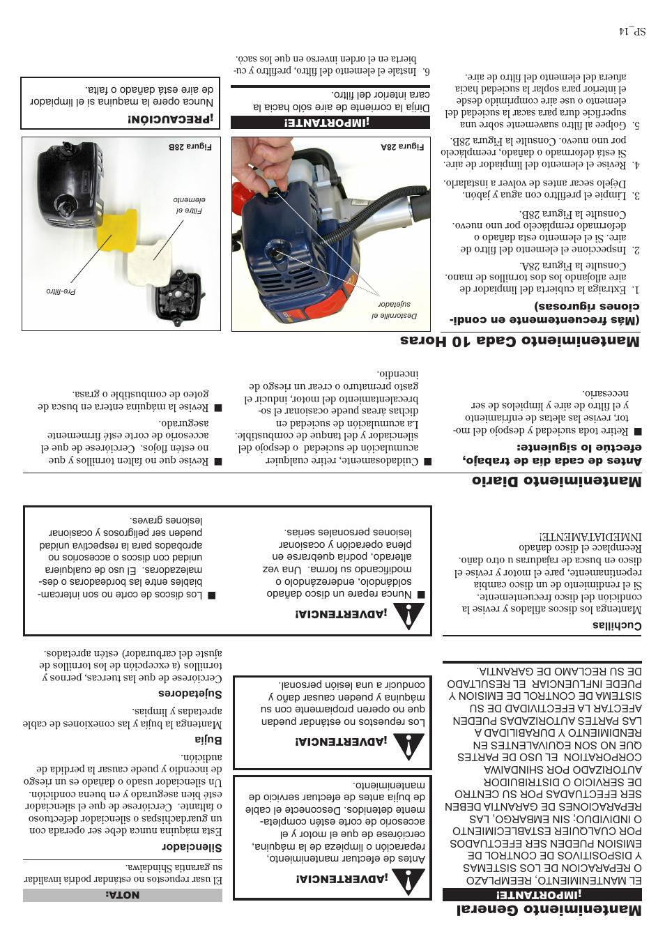 Mantenimiento general, Mantenimiento diario, Mantenimiento cada 10 horas | Shindaiwa 81704 User Manual | Page 27 / 40