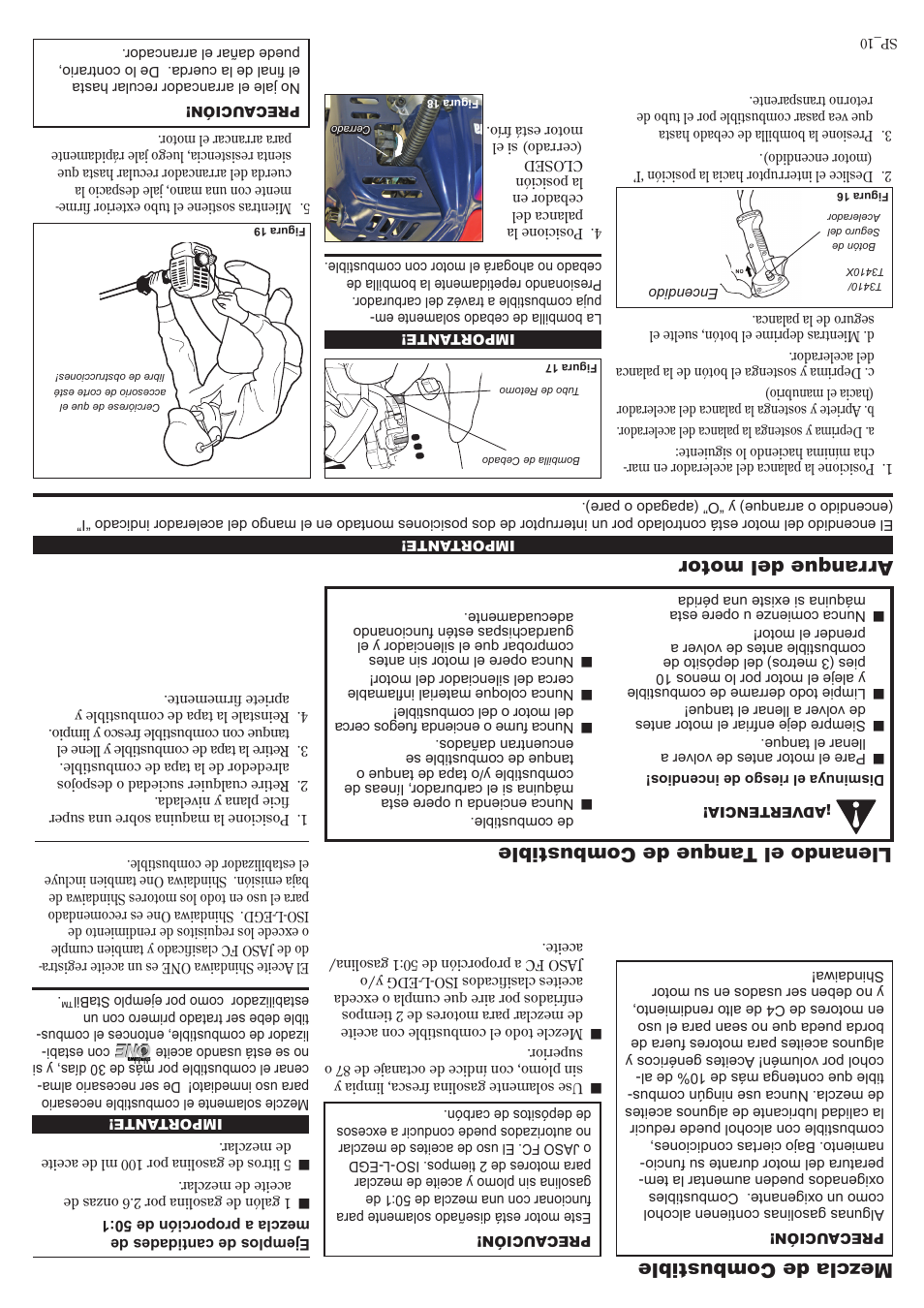 Arranque del motor, Mezcla de combustible, Llenando el tanque de combustible | Shindaiwa 81704 User Manual | Page 31 / 40