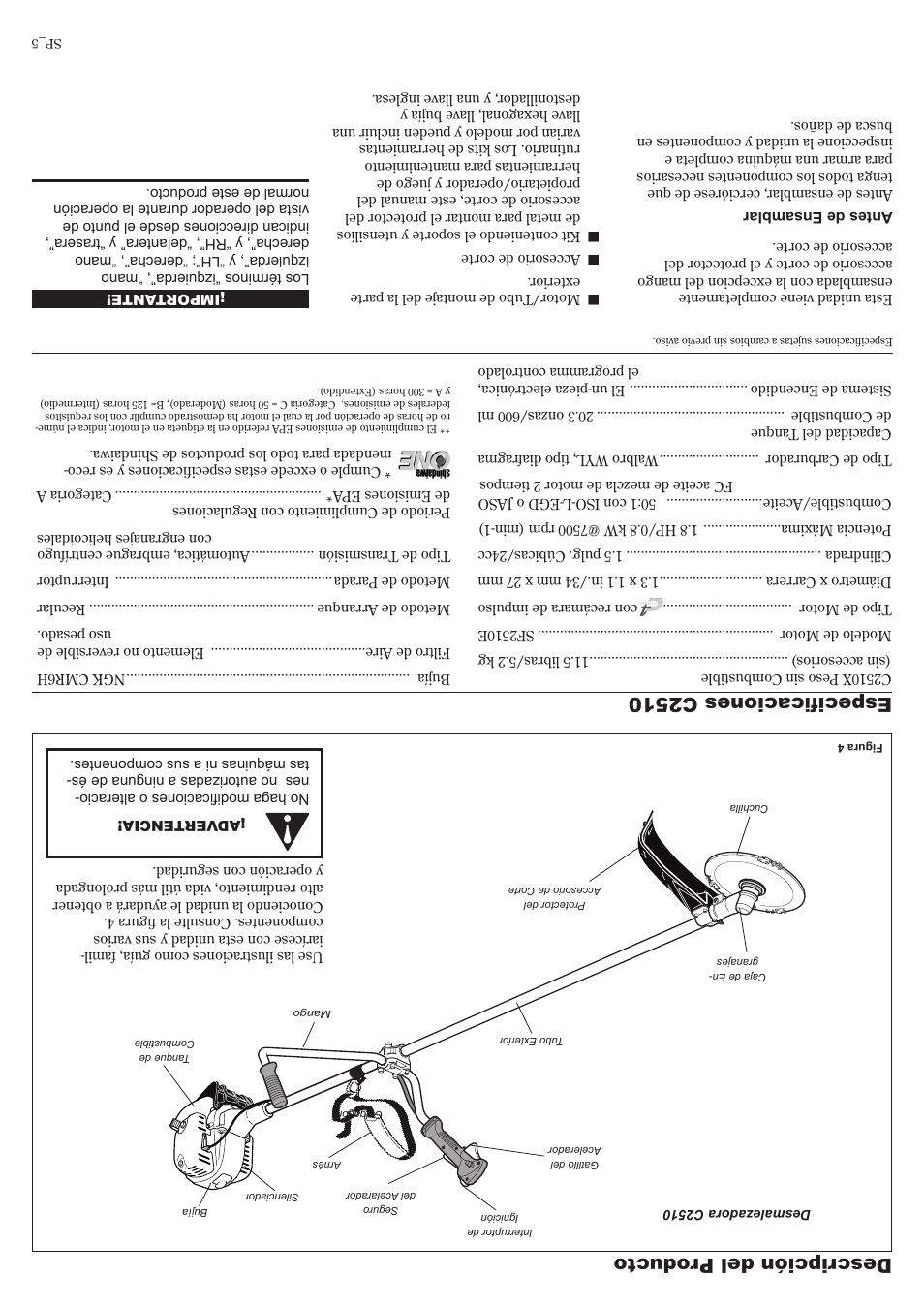 Descripción del producto, Especificaciones c2510 | Shindaiwa 81704 User Manual | Page 36 / 40