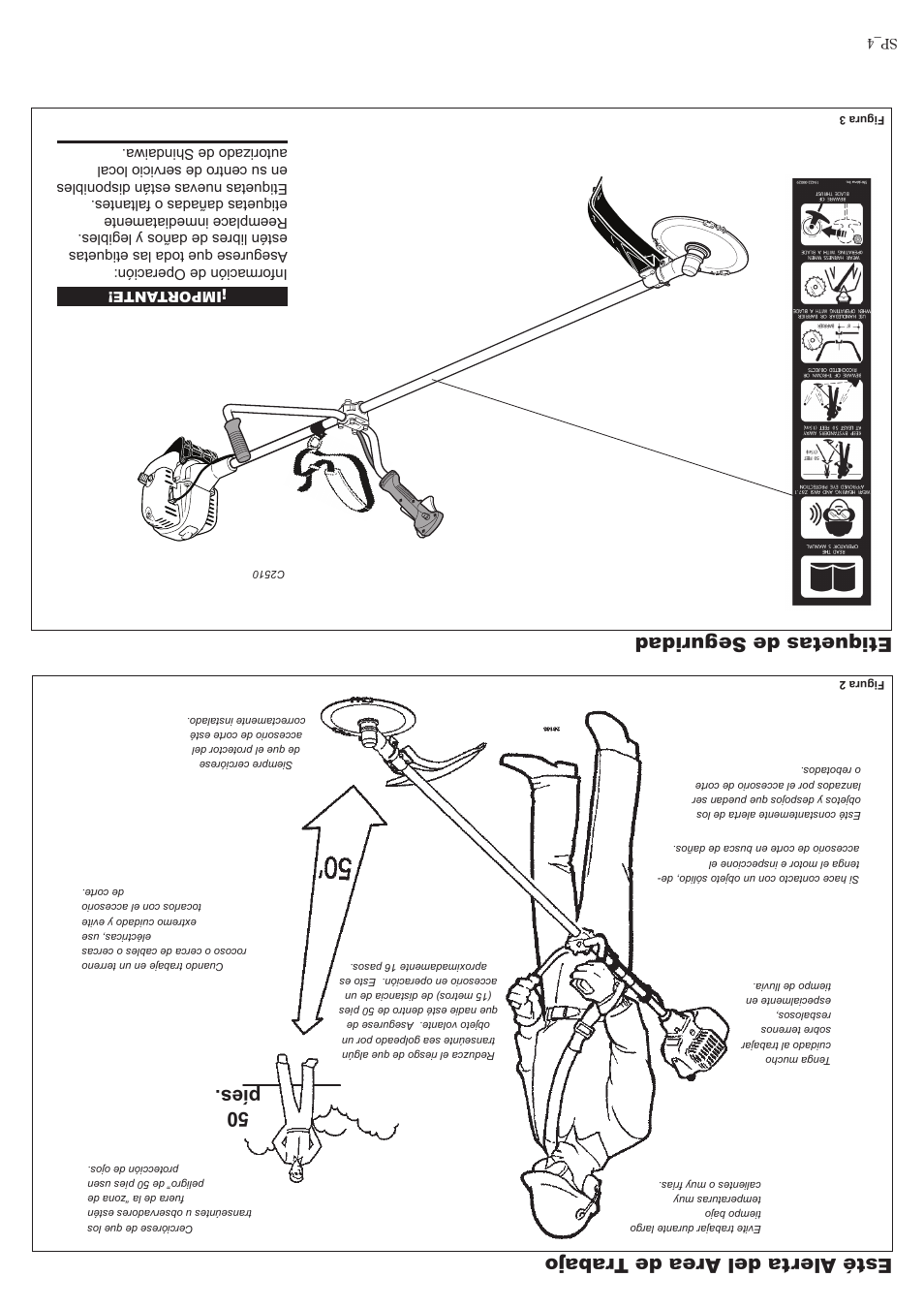 Esté alerta del ar ea de tra bajo, 50 píes. etiquetas de seguridad | Shindaiwa 81704 User Manual | Page 37 / 40