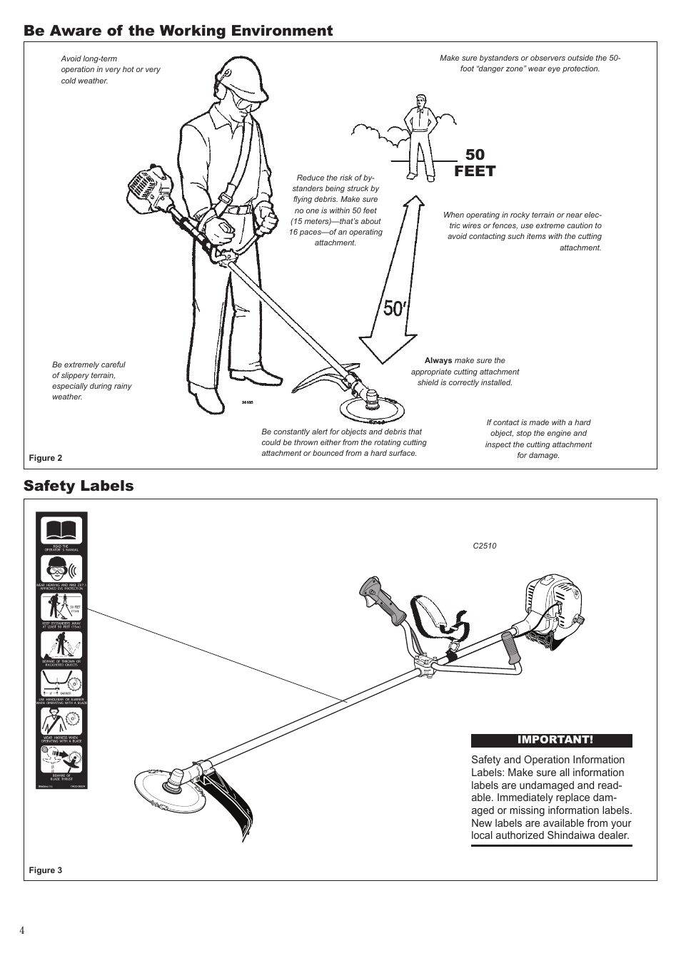 Safety labels, Be aware of the working environment, 50 feet | Shindaiwa 81704 User Manual | Page 4 / 40