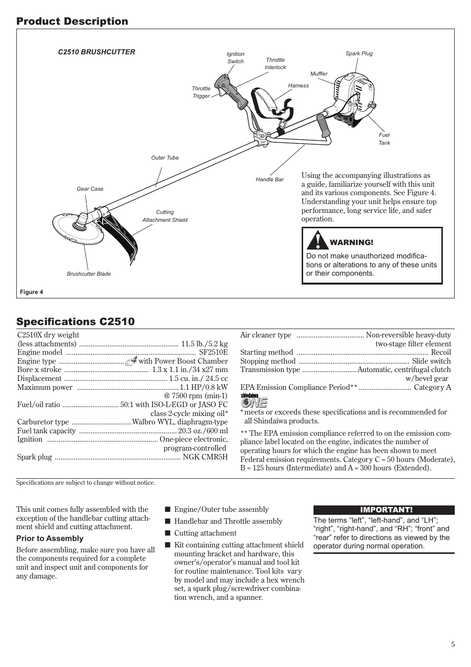 Product description, Specifications c2510 | Shindaiwa 81704 User Manual | Page 5 / 40