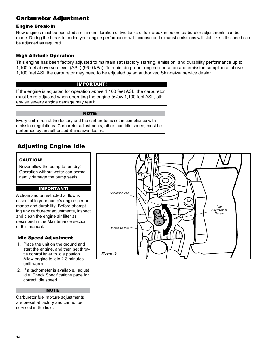 Adjusting engine idle, Carburetor adjustment | Shindaiwa GP344 User Manual | Page 14 / 24