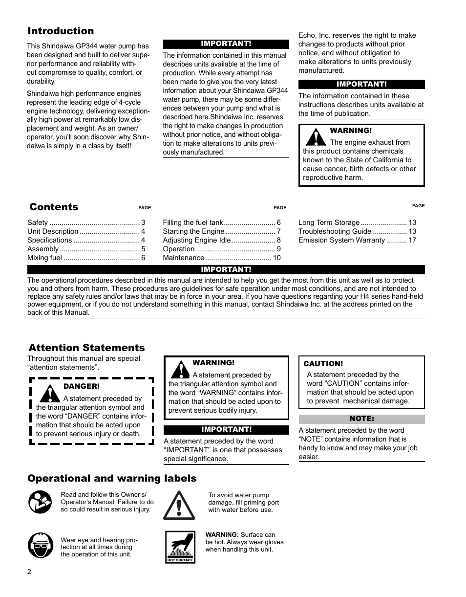 Introduction, Attention statements, Operational and warning labels contents | Shindaiwa GP344 User Manual | Page 2 / 24