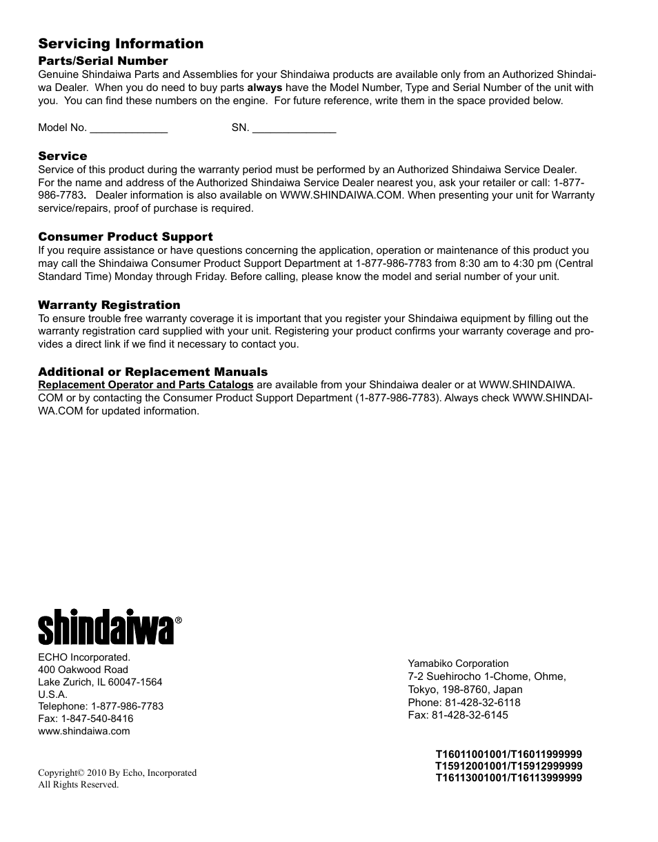 Servicing information | Shindaiwa GP344 User Manual | Page 24 / 24