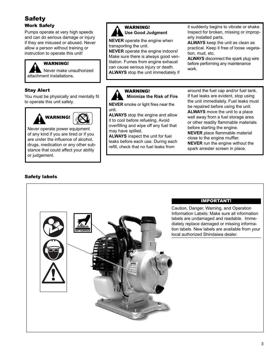 Safety | Shindaiwa GP344 User Manual | Page 3 / 24