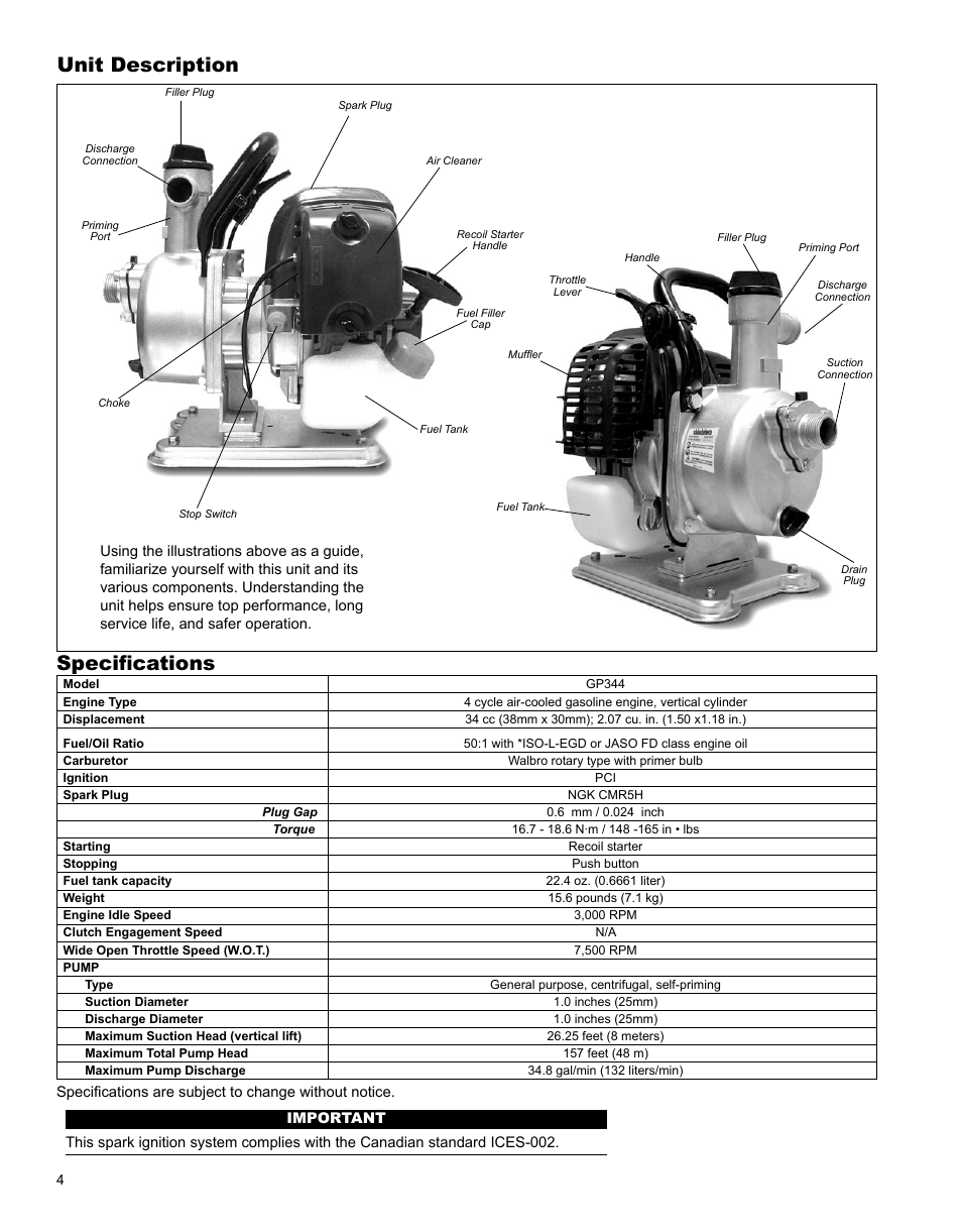 Unit description, Specifications | Shindaiwa GP344 User Manual | Page 4 / 24