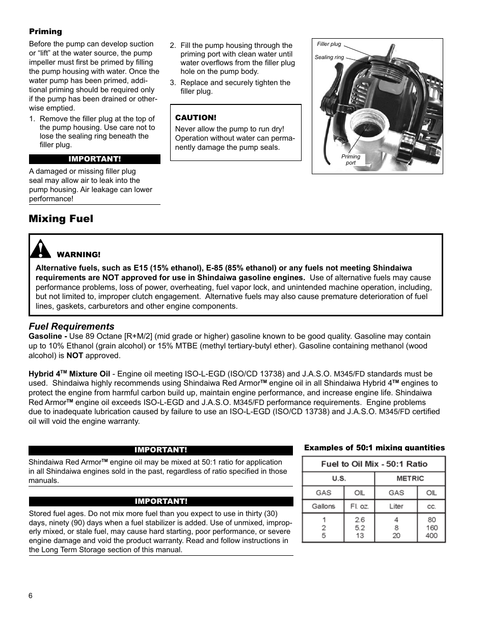 Mixing fuel, Fuel requirements | Shindaiwa GP344 User Manual | Page 6 / 24