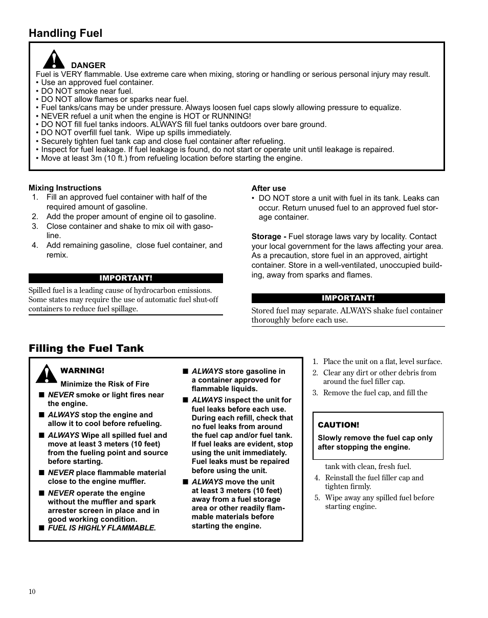 Handling fuel, Filling the fuel tank | Shindaiwa X7502825300 User Manual | Page 10 / 28