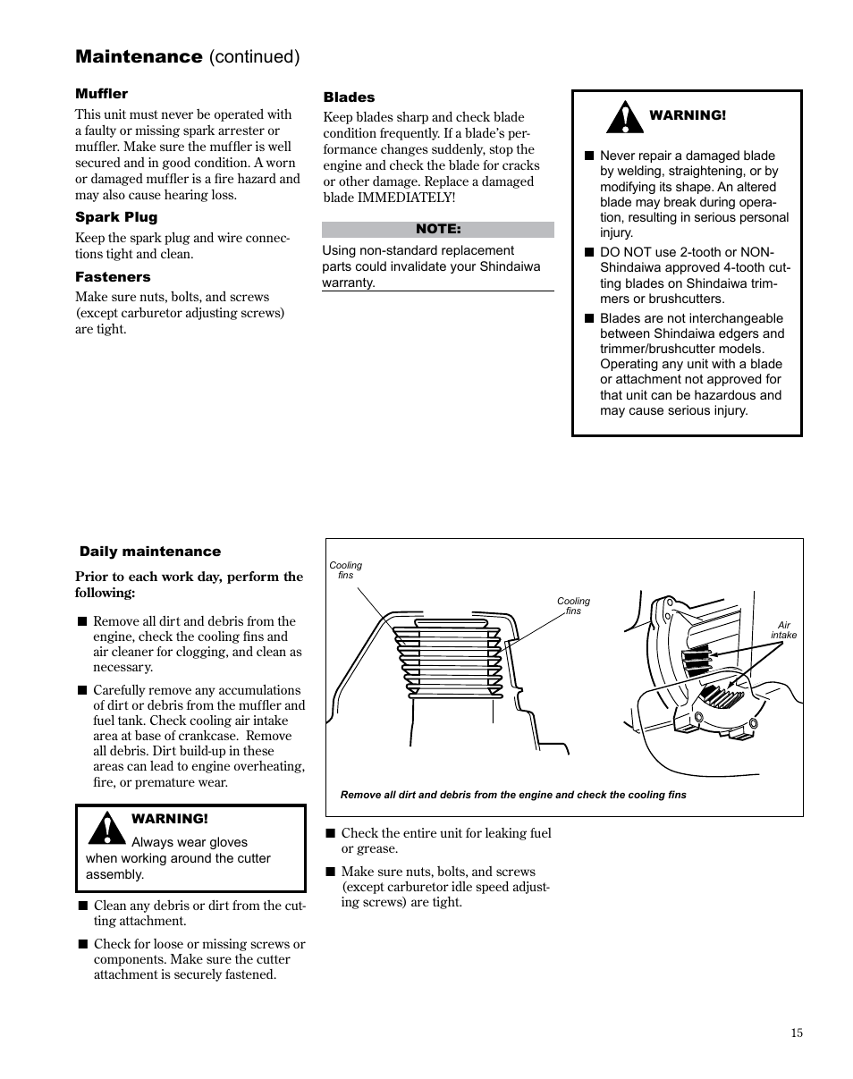 Maintenance (continued) | Shindaiwa X7502825300 User Manual | Page 15 / 28