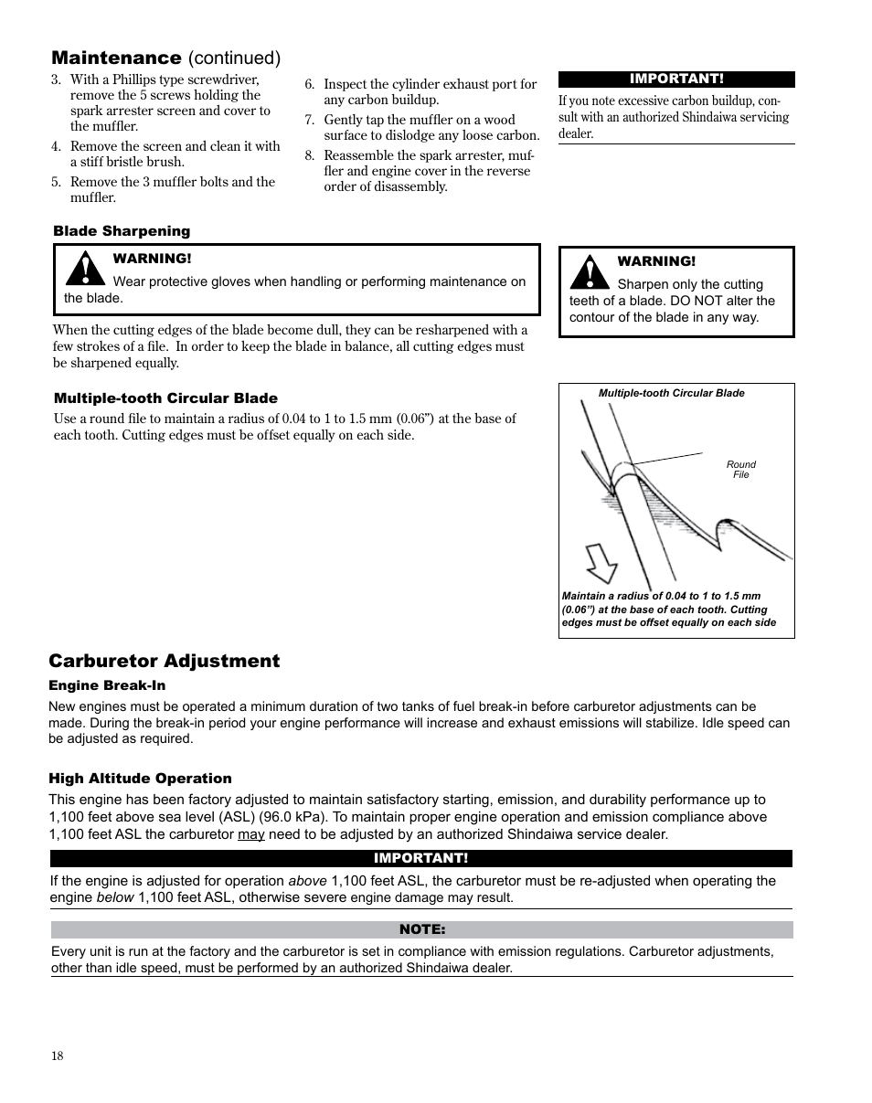 Maintenance (continued), Carburetor adjustment | Shindaiwa X7502825300 User Manual | Page 18 / 28