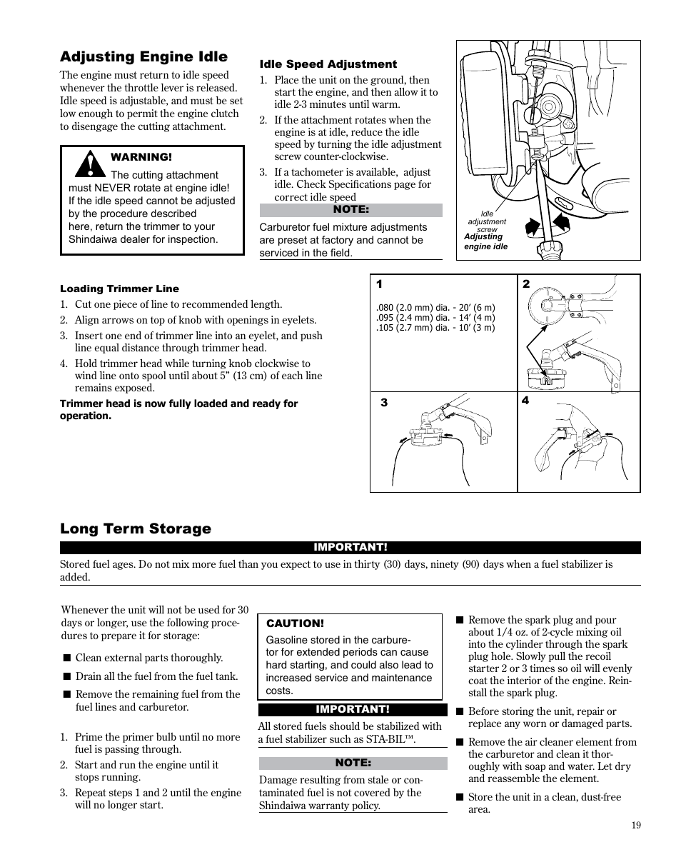 Adjusting engine idle, Long term storage | Shindaiwa X7502825300 User Manual | Page 19 / 28