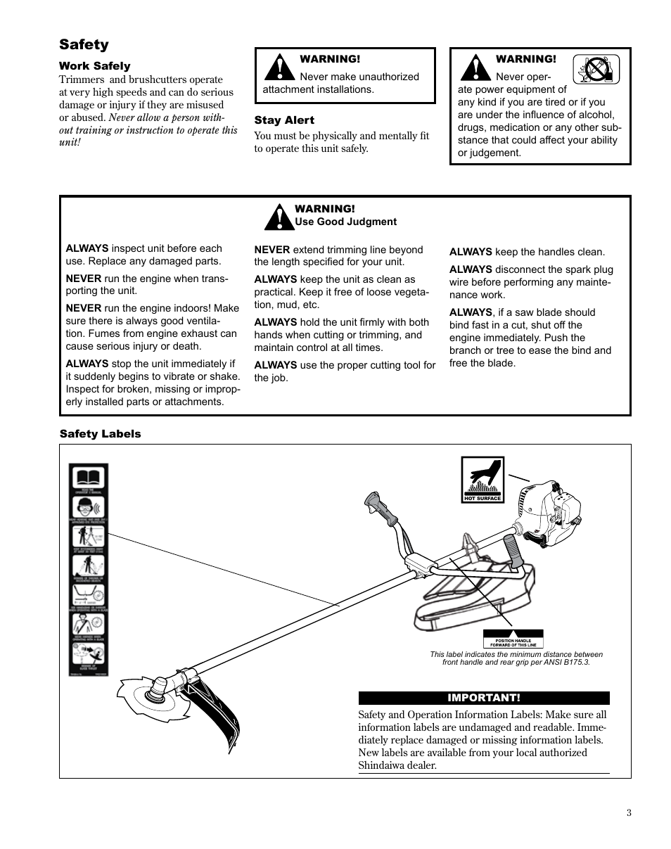 Safety | Shindaiwa X7502825300 User Manual | Page 3 / 28