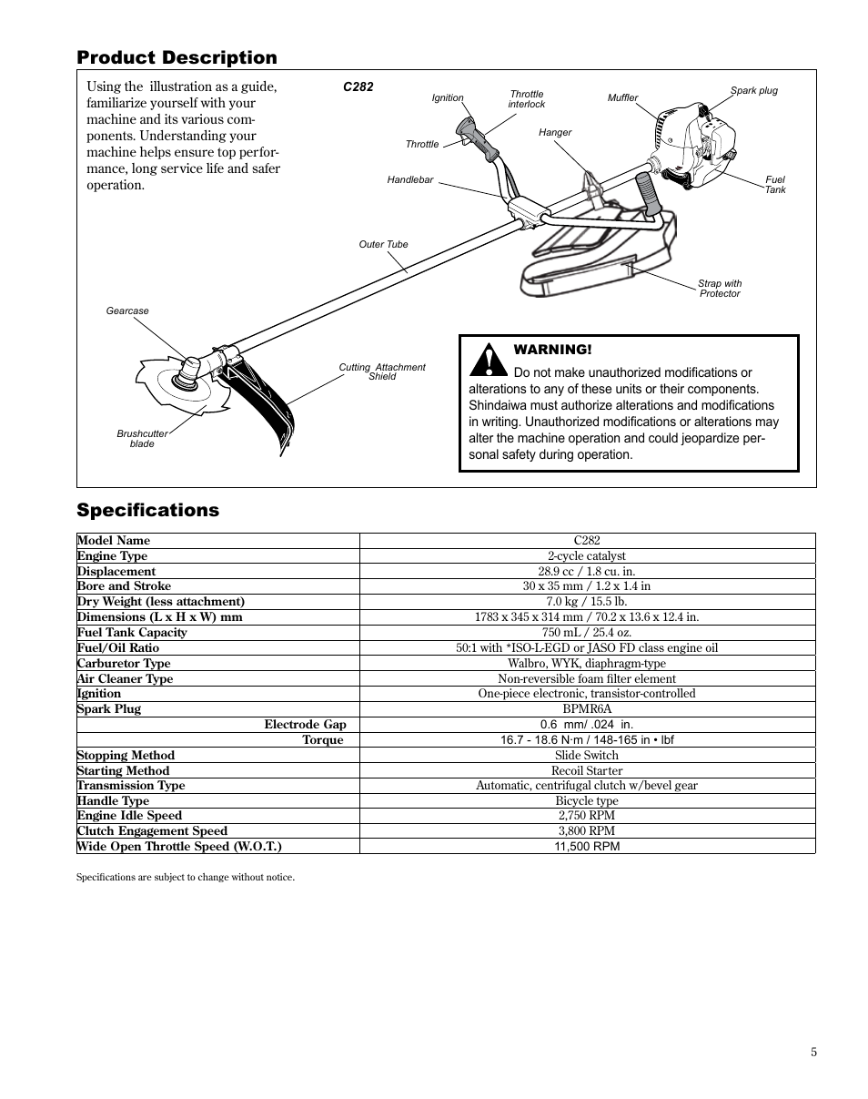 Product description specifications | Shindaiwa X7502825300 User Manual | Page 5 / 28