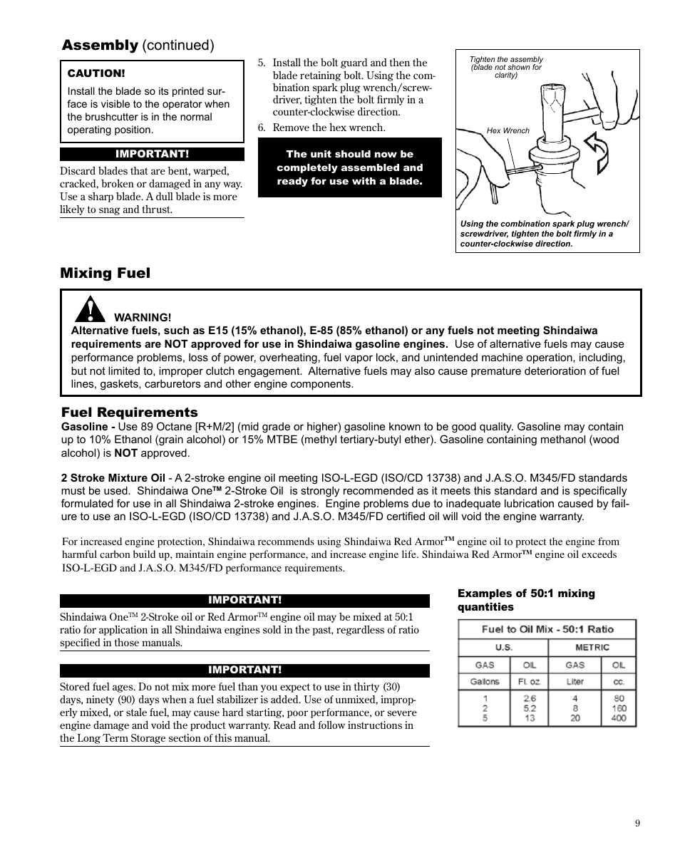 Assembly, Continued), Mixing fuel | Fuel requirements | Shindaiwa X7502825300 User Manual | Page 9 / 28