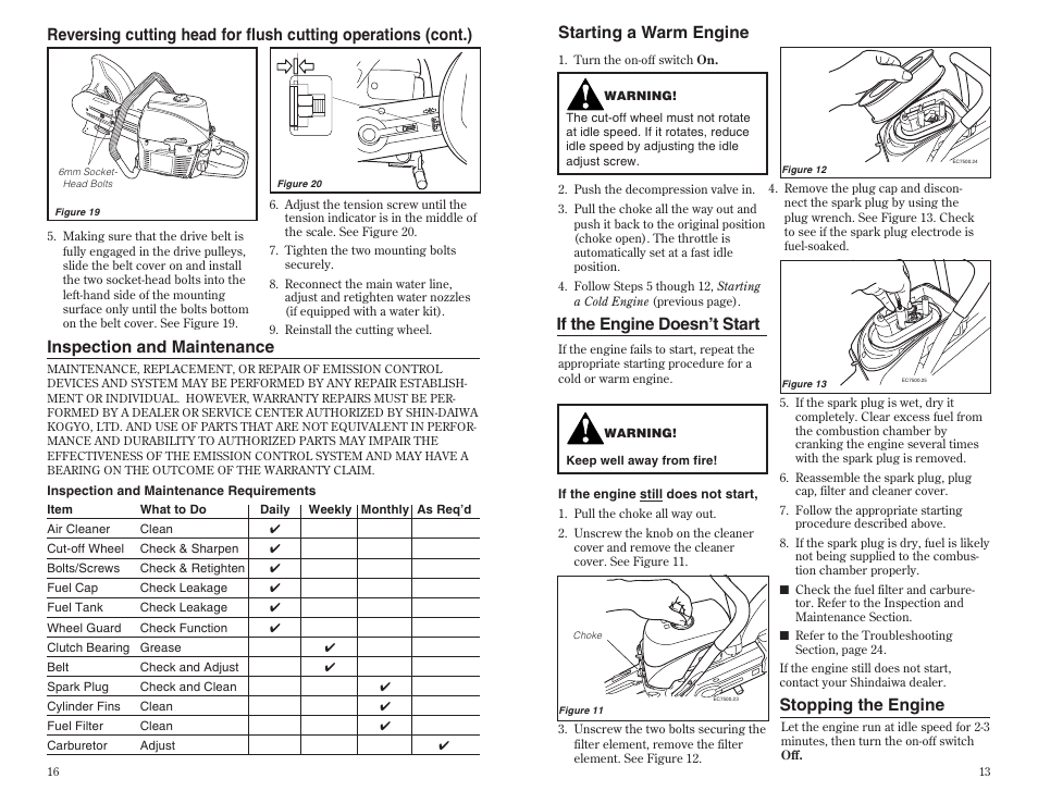 Starting a warm engine, If the engine doesn’t start, Stopping the engine | Inspection and maintenance | Shindaiwa 68002-94310 User Manual | Page 13 / 14