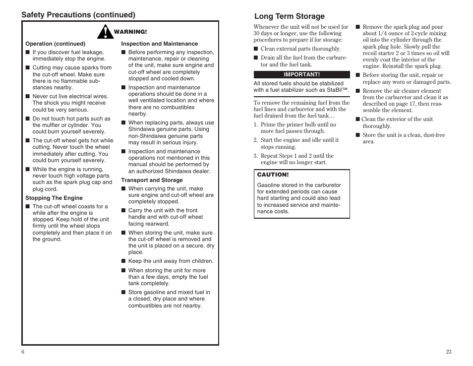 Safety precautions (continued), Long term storage | Shindaiwa 68002-94310 User Manual | Page 6 / 14