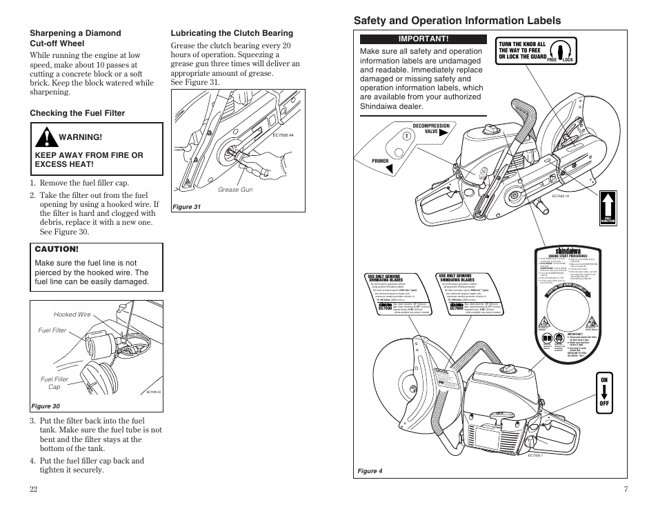 Safety and operation information labels, Sharpening a diamond cut-off wheel, Checking the fuel filter warning | Lubricating the clutch bearing | Shindaiwa 68002-94310 User Manual | Page 7 / 14