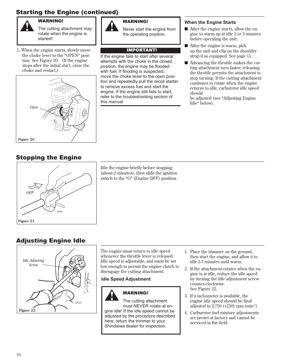 Starting the engine (continued), Stopping the engine adjusting engine idle | Shindaiwa 81642 User Manual | Page 10 / 40