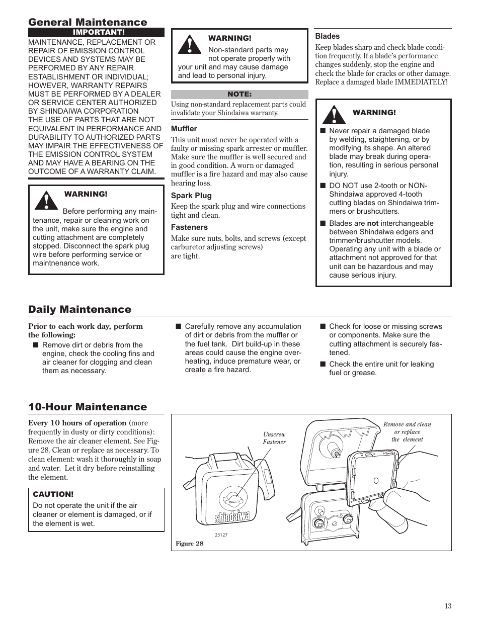 General maintenance, Daily maintenance, Hour maintenance | Shindaiwa 81642 User Manual | Page 13 / 40