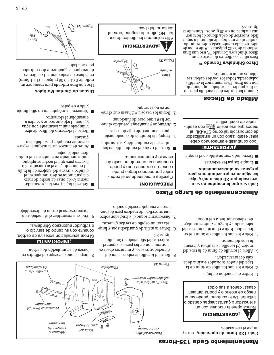 Mantenimiento cada 135-horas, Almacenamiento de largo plaz o, Afilado de discos | Shindaiwa 81642 User Manual | Page 26 / 40