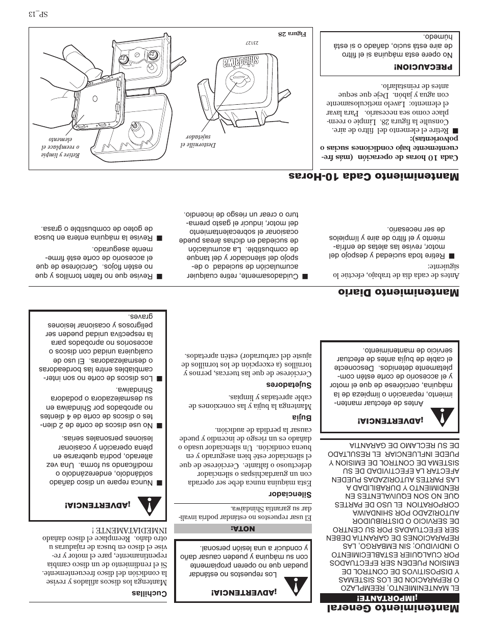 Mantenimiento general, Mantenimiento diario, Mantenimiento cada 10-horas | Shindaiwa 81642 User Manual | Page 28 / 40