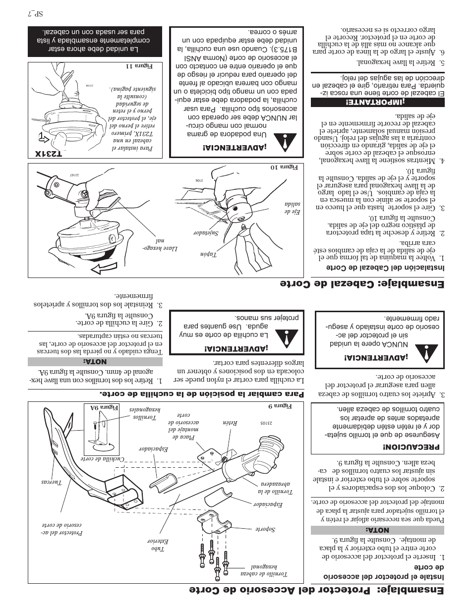 Ensamblaje: cabezal de cor te, Ensamblaje: pr otector del accesorio de corte | Shindaiwa 81642 User Manual | Page 34 / 40