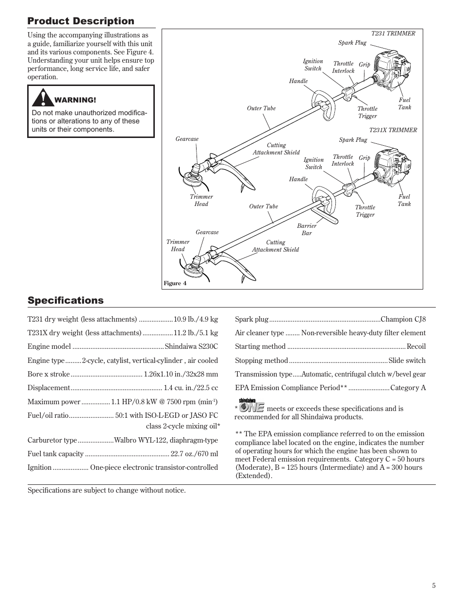 Product description, Specifications | Shindaiwa 81642 User Manual | Page 5 / 40