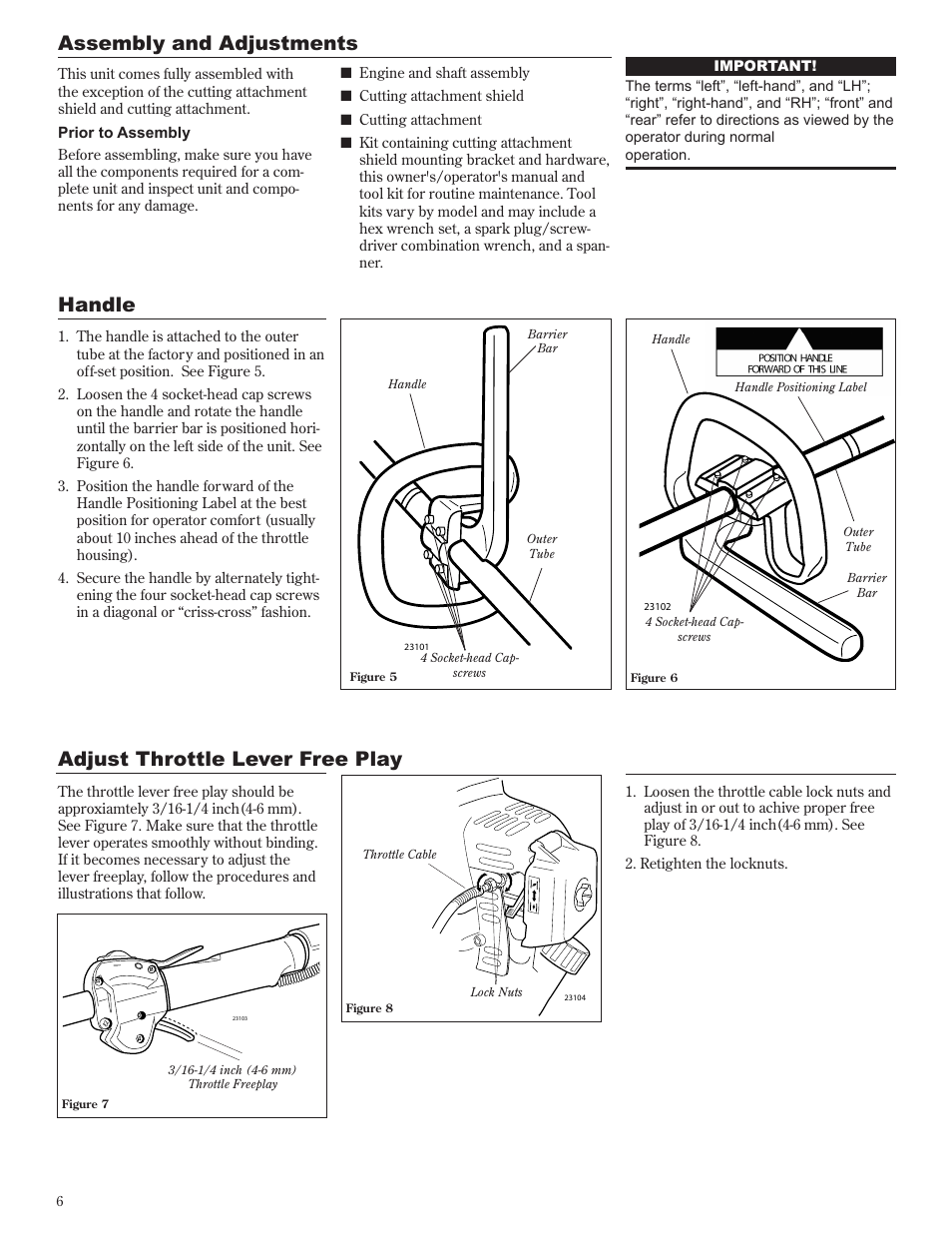 Adjust throttle lever free play, Assembly and adjustments, Handle | Shindaiwa 81642 User Manual | Page 6 / 40