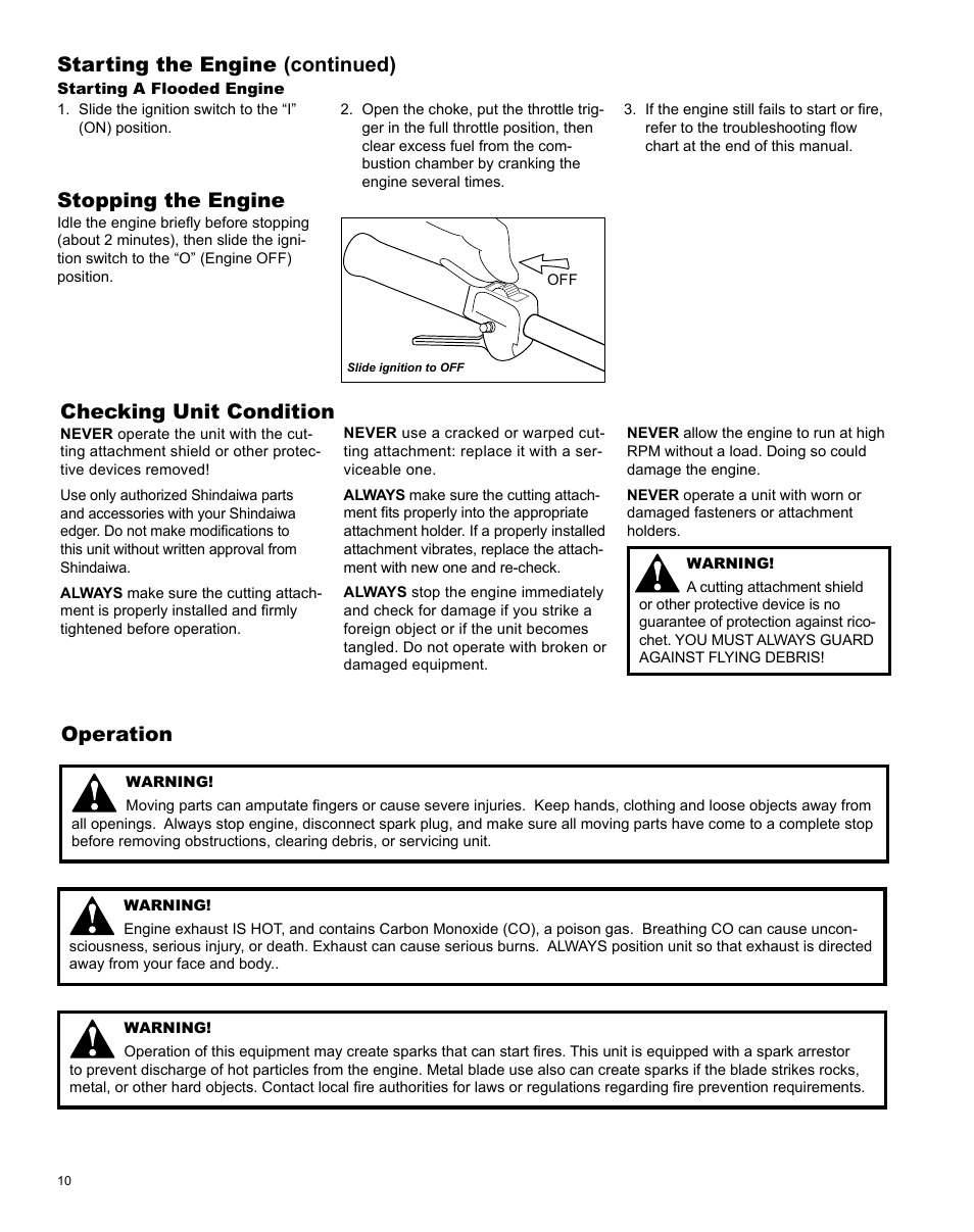 Starting the engine (continued), Stopping the engine, Checking unit condition | Operation | Shindaiwa LE254 User Manual | Page 10 / 28