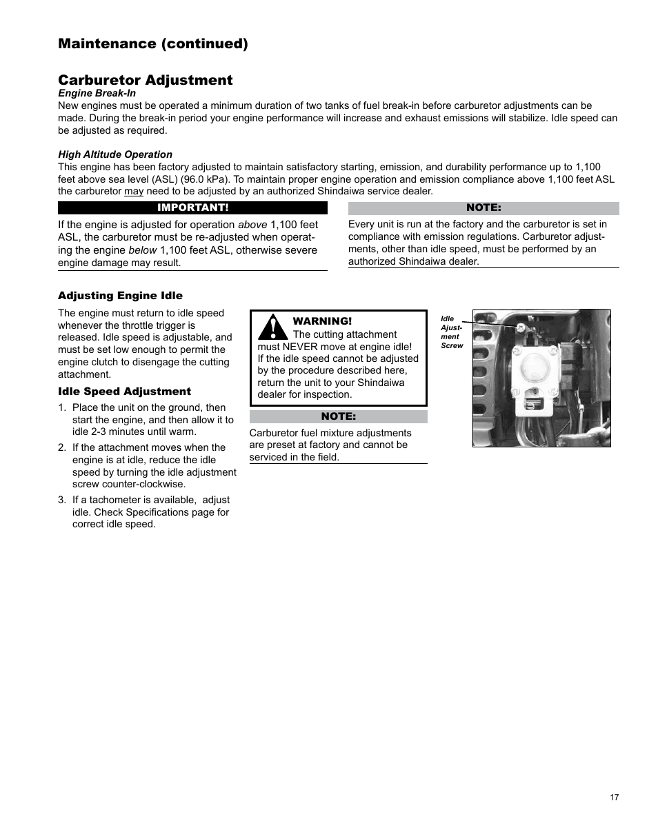 Carburetor adjustment, Maintenance (continued) | Shindaiwa LE254 User Manual | Page 17 / 28