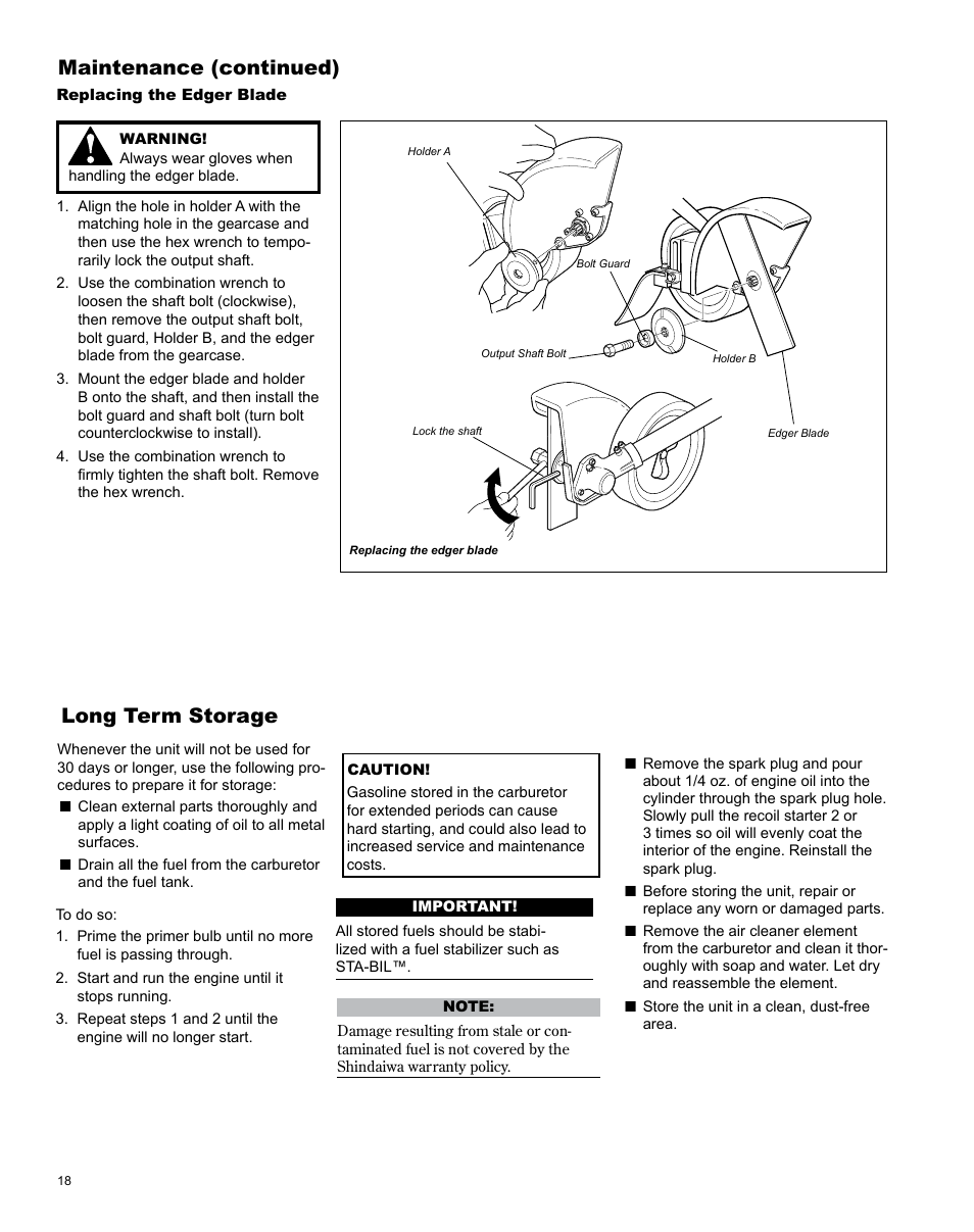 Maintenance (continued), Long term storage | Shindaiwa LE254 User Manual | Page 18 / 28