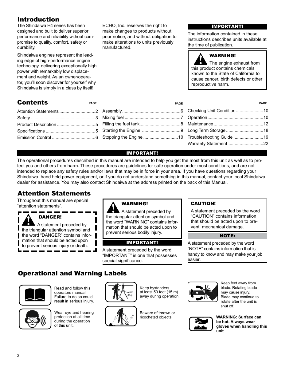 Introduction, Attention statements, Operational and warning labels contents | Shindaiwa LE254 User Manual | Page 2 / 28