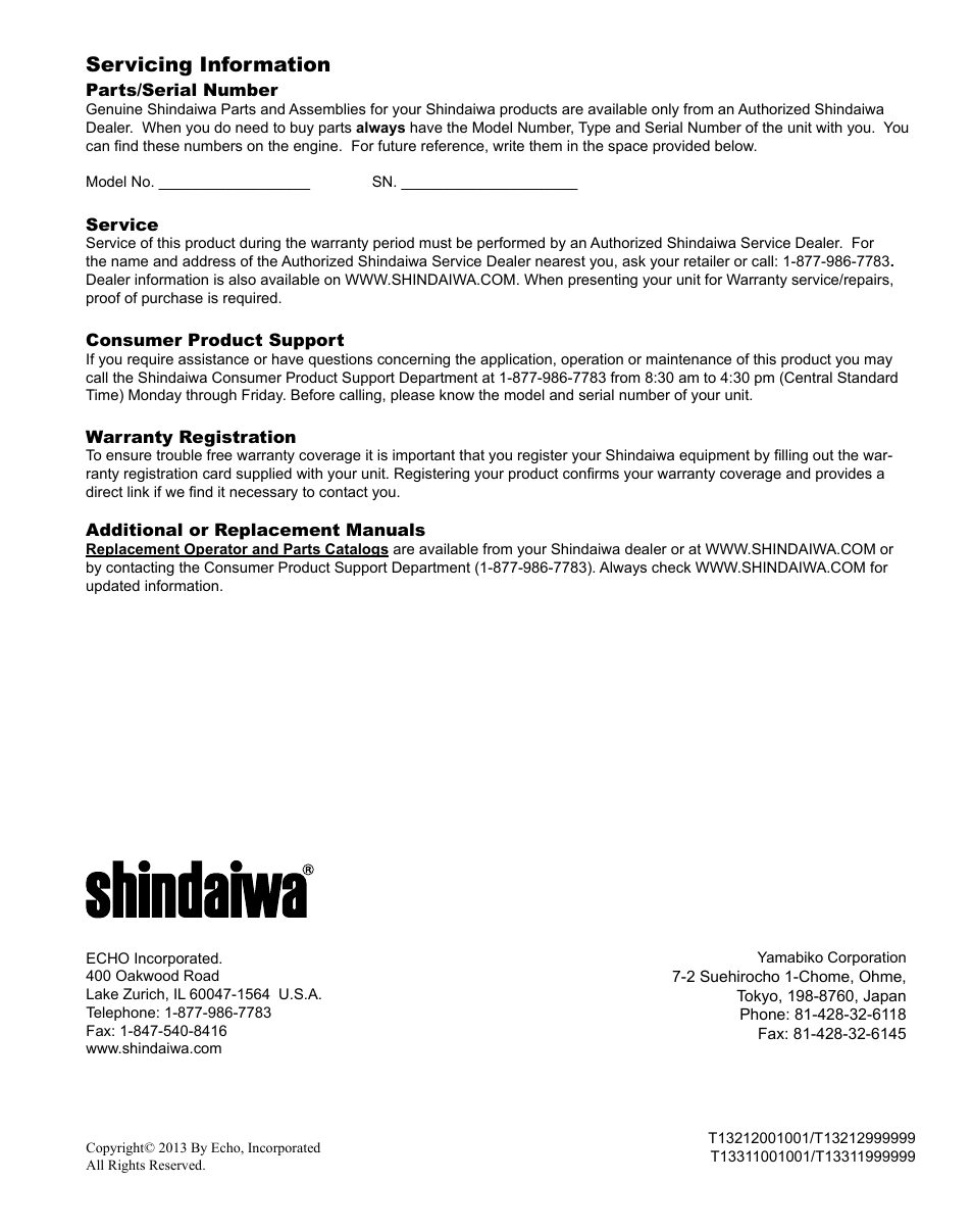 Servicing information | Shindaiwa LE254 User Manual | Page 28 / 28