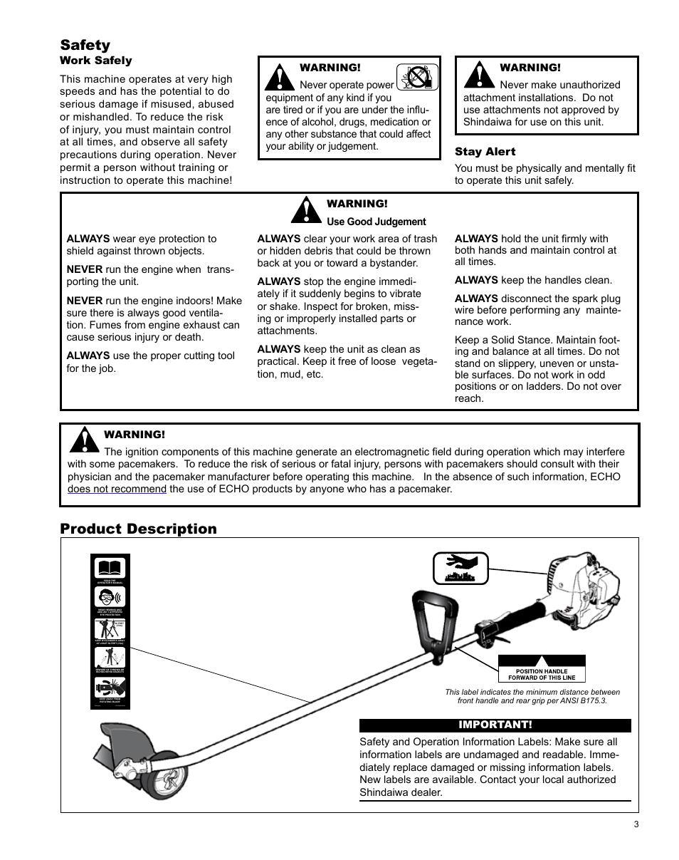 Safety, Product description | Shindaiwa LE254 User Manual | Page 3 / 28