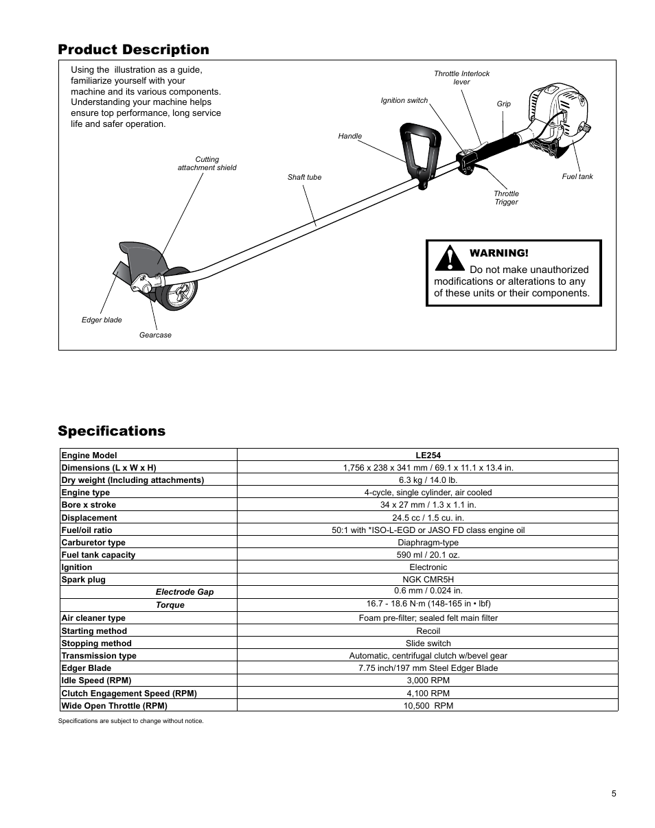 Product description, Specifications | Shindaiwa LE254 User Manual | Page 5 / 28