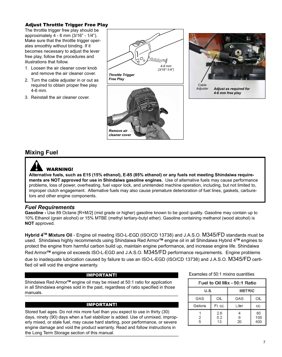 Mixing fuel, Fuel requirements, M345/fd | Shindaiwa LE254 User Manual | Page 7 / 28