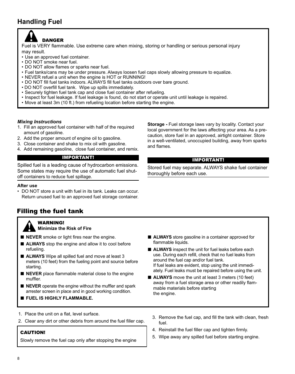 Handling fuel, Filling the fuel tank | Shindaiwa LE254 User Manual | Page 8 / 28